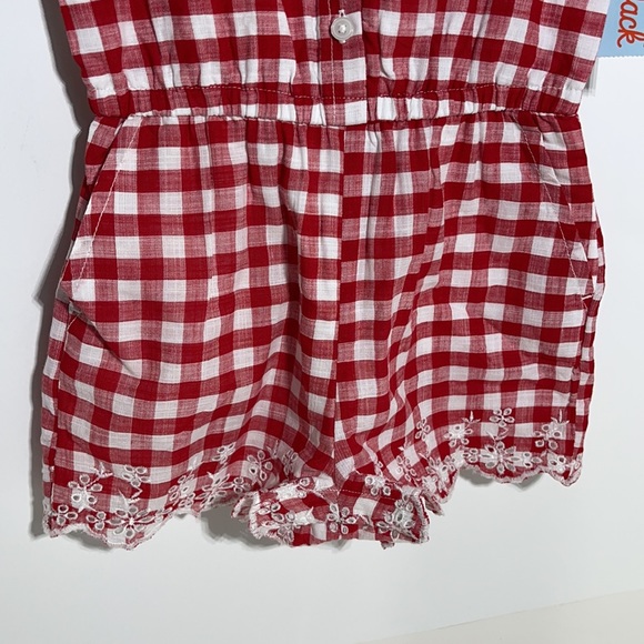 Toddler Girl’s Red & White Gingham Print Romper w/ Eyelet Detailing and Pockets - Picture 7 of 8